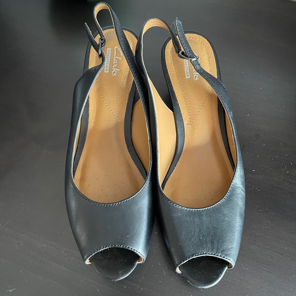 Clarks wedge, peeped toe with ankle strap sandals
